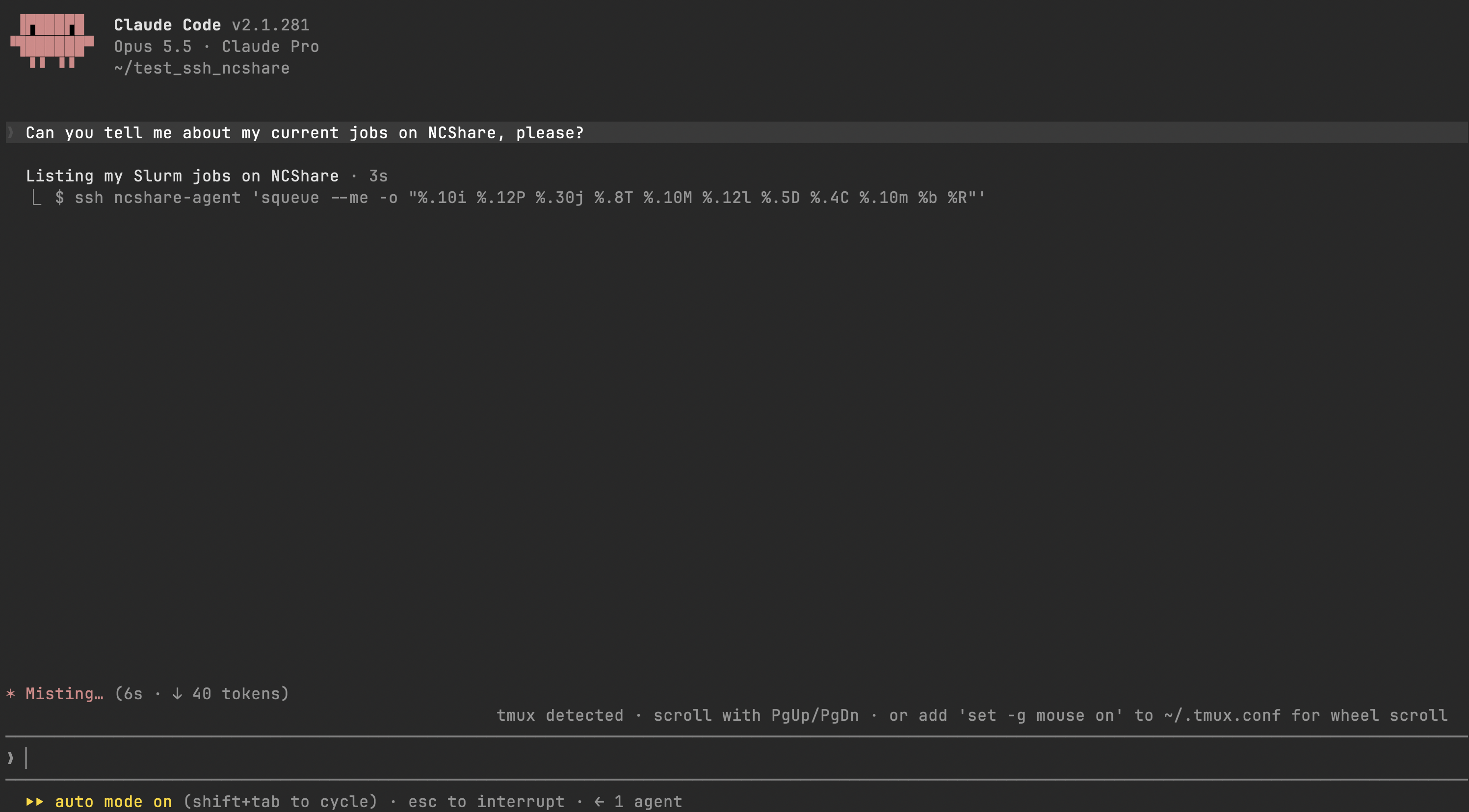 Claude Code running squeue through the ncshare-agent alias in response to a prompt about current jobs