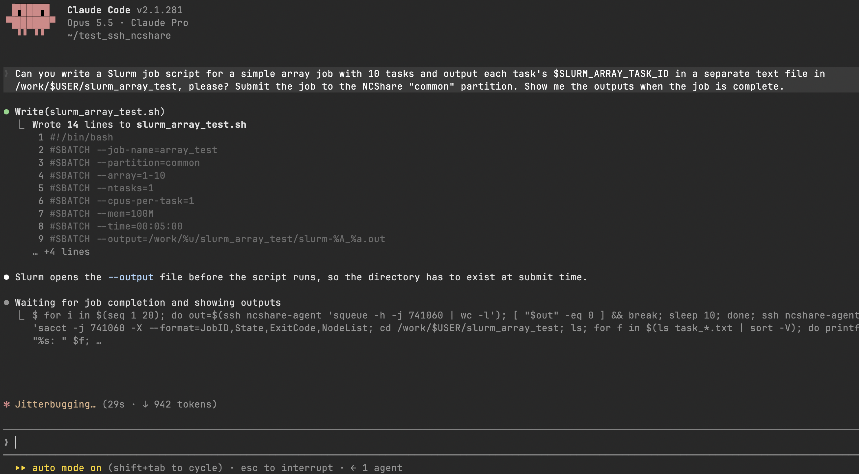 Claude Code writing an array job script and submitting it through the ncshare-agent alias